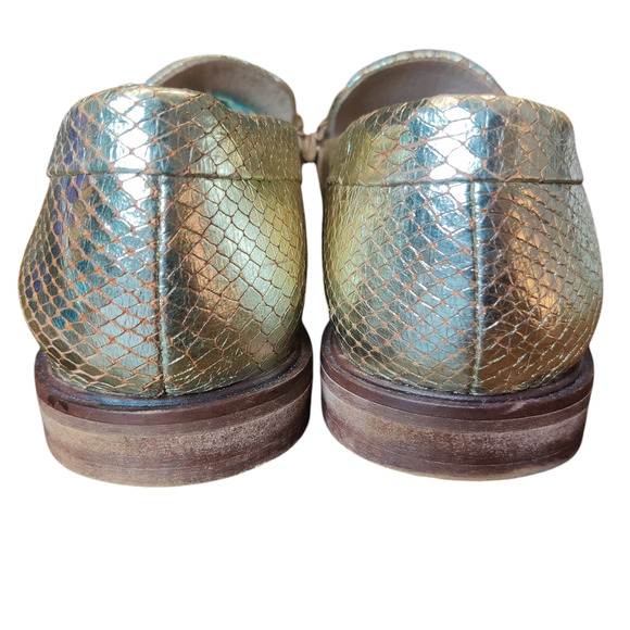 Seychelles Gold Metallic Powerful Leather Snakeskin Fringe Loafers 6.5 Holiday - Picture 4 of 13